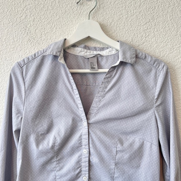 H&M Size 10 Women’s Light Gray Button Down Long Sleeve Shirt White Polka Dots - Picture 5 of 7